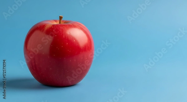 Fototapeta A single, vibrant red apple sits against a smooth, light-blue background.
