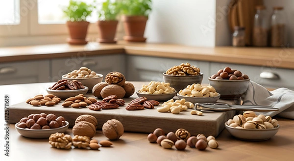 Fototapeta An assortment of various nuts displayed in small bowls and piles on a wooden cutting board, set on a kitchen counter.