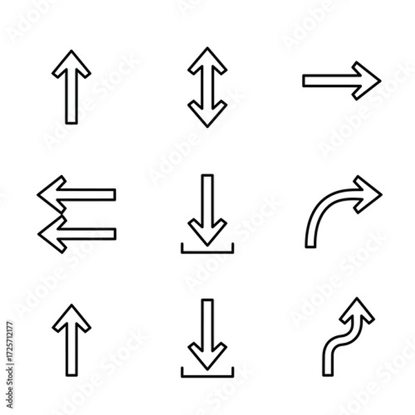Fototapeta Essential black outline arrow icons for modern UI/UX design, web navigation, and digital interfaces, including upload, download, directional, and movement symbols