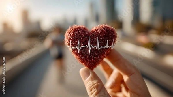 Fototapeta Heart-shaped object held in hand with heartbeat line, symbolizing health and fitness, against blurred urban background, promoting wellness and active lifestyle