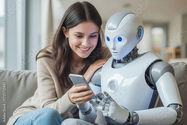 Fototapeta Woman and AI humanoid robot using phone work together and collaborate, in AI agent assistant technology partnership help job and work with AI