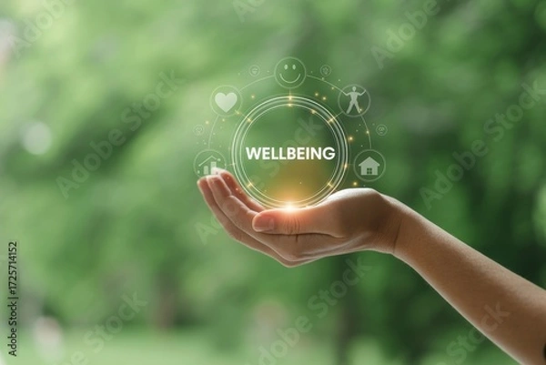 Fototapeta Hand holding wellbeing symbols surrounded by greenery in a peaceful setting