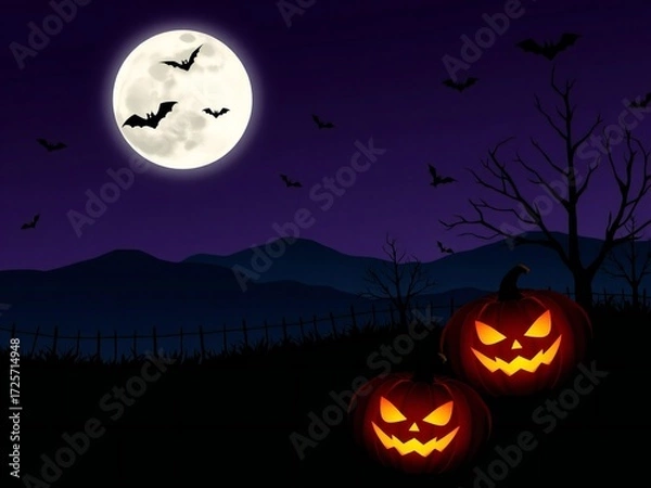Fototapeta Spooky halloween night with glowing jack-o-lanterns and bats flying under a full moon