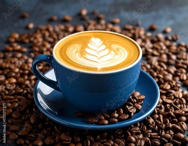 Obraz A vibrant latte art creation in a blue cup, surrounded by coffee beans