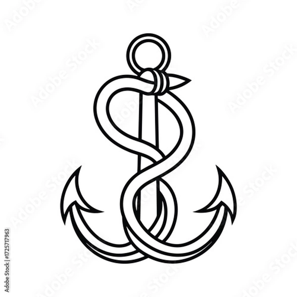 Fototapeta Nautical Anchor with Rope Outline Vector maritime ocean