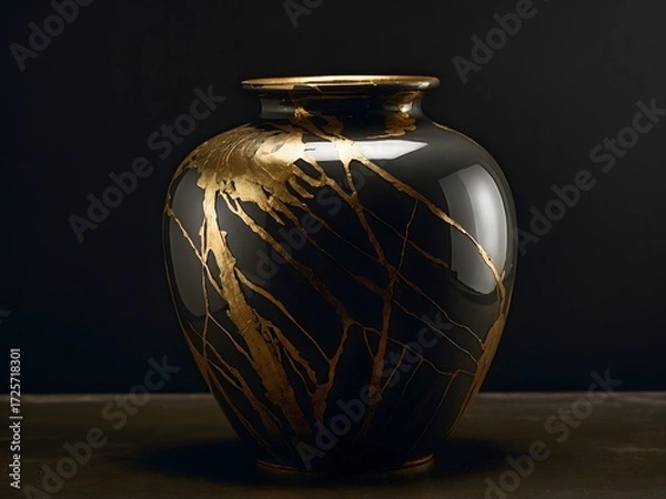 Fototapeta Hyperreal studio shot of a black vase with geometric copper seams, sharp and pristine.