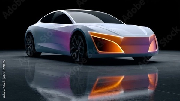 Fototapeta Futuristic car with orange lights on the front. The car is white and has a sleek design
