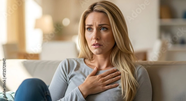 Fototapeta Worried woman sitting on sofa at home feeling anxious stressed and overwhelmed needing comfort and support mental health issues