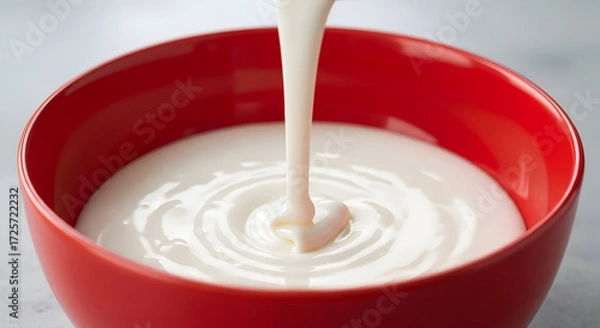 Fototapeta Creamy white yogurt pouring into red bowl healthy breakfast dairy product fresh delicious smooth texture natural probiotic rich calcium source greek yogurt dietary food