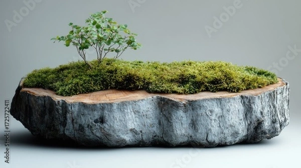 Fototapeta Small tree growing on a piece of tree trunk covered by moss, creating a natural podium for product presentation