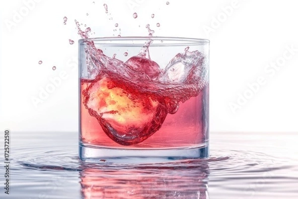Fototapeta Red wine splashing in a glass after dropping an ice cube on white background