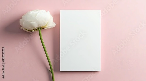 Fototapeta Blank white card near white ranunculus flower on pink background, perfect for branding, invitations or greetings