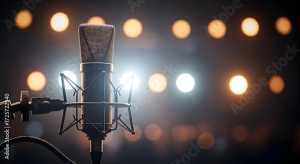 Fototapeta Studio Microphone on Stage Ready for Recording Session Music Concert Broadcast Podcast Singing Voiceover Performance Audio Equipment