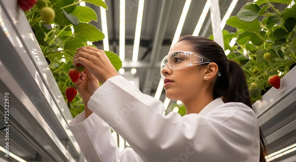 Fototapeta Female scientist harvesting strawberries in a modern hydroponic farm innovative agriculture technology sustainable farming food production