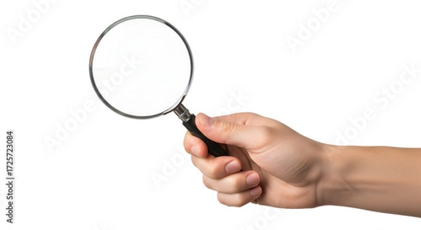 Fototapeta Hand holding magnifying glass search investigation discovery explore details zoom in close up examination inspect analyze research find solution problem solving detective magnifyingglass
