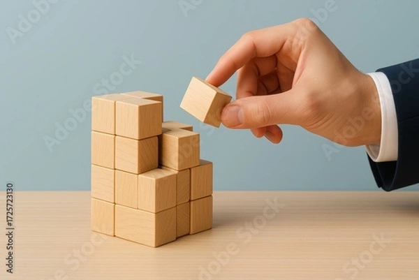 Fototapeta Hand Placing Wooden Block on Stack of Building Blocks on Light Wooden Surface