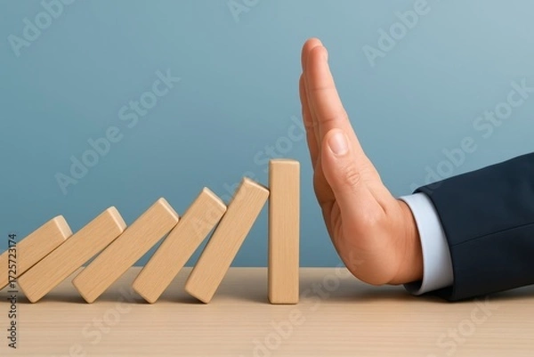 Fototapeta Businessman Preventing Domino Effect with Hand Gesture on Light Blue Background