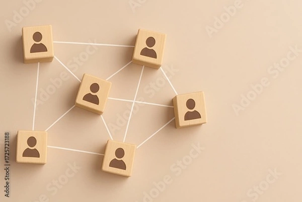 Fototapeta Minimalist network concept illustration with profile blocks connected by lines on a soft background