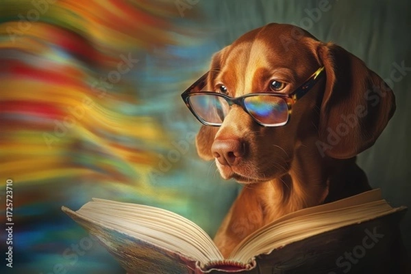 Fototapeta Artistic Portrait of a Brown Dog Wearing Glasses, Reading a Book with Motion Blur Effect.