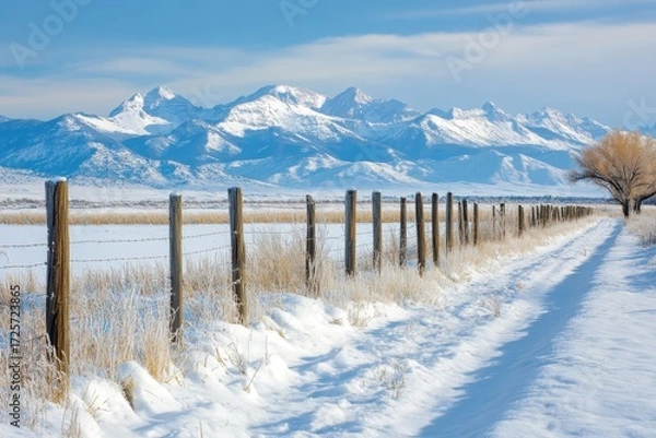 Fototapeta Snowy Field with Fence Posts and Mountain Range in Winter.