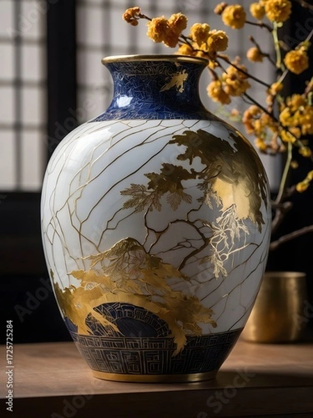 Fototapeta Delicate white ceramic with raised golden seams, highlighted by diffused window light.