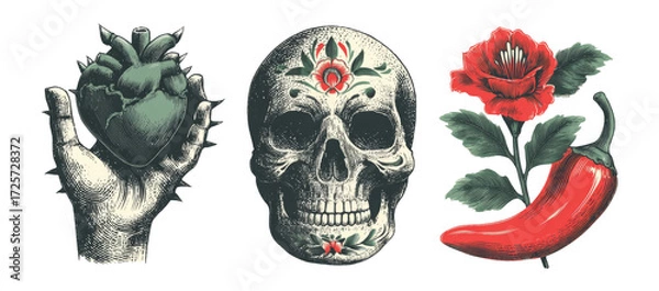 Obraz Detailed Vintage Artwork of Heart, Skull, and Chili Pepper on Transparent Background