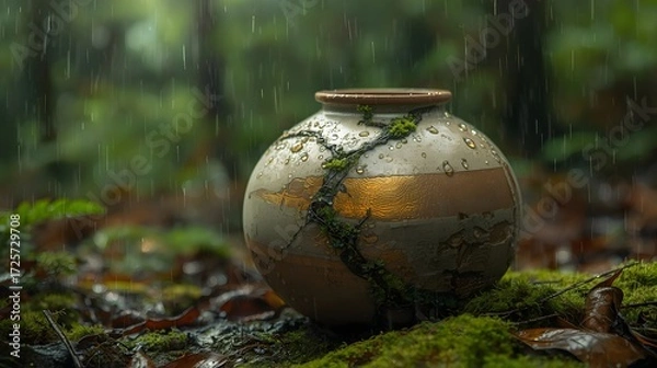Fototapeta Earthy vase with dulled gold seams, rain and moss creating organic textures.