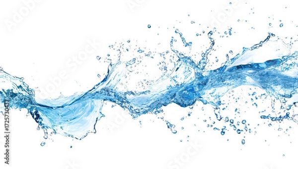 Fototapeta A splash of clear blue water creating dynamic waves and droplets against a white background. ideal for use in advertising. design. or educational materials