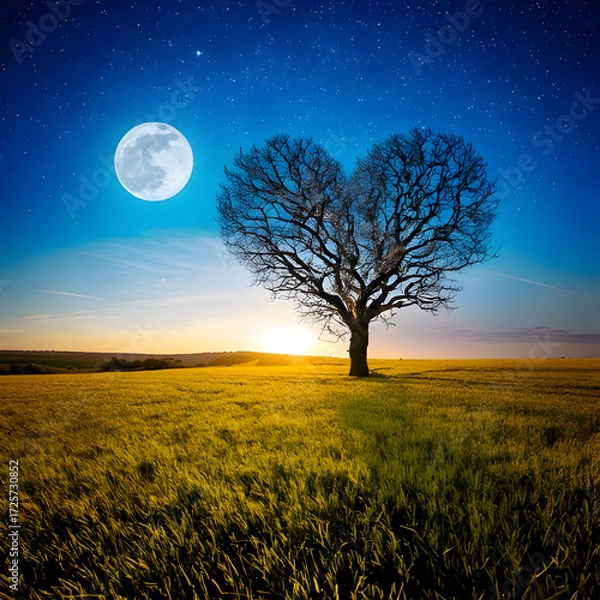 Fototapeta dead heart shaped tree in the middle of a field with night moon, cute and dreamy, feminine, romance, Valentines day concept