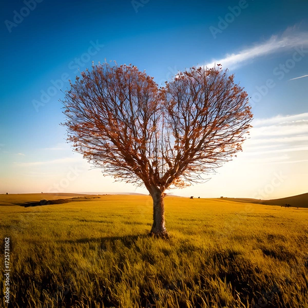 Fototapeta dead heart shaped tree in the middle of a field, cute and dreamy, feminine, romance, Valentines day concep