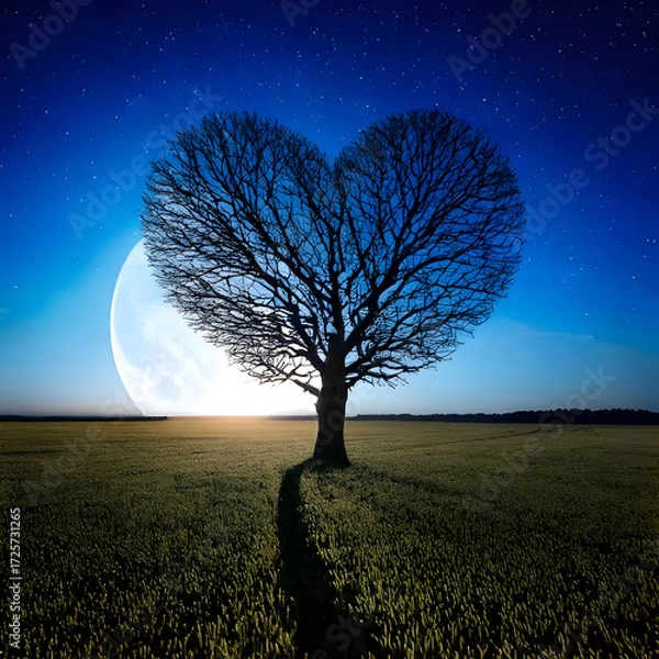 Fototapeta dead heart shaped tree in the middle of a field with night moon, cute and dreamy, feminine, romance, Valentines day concept