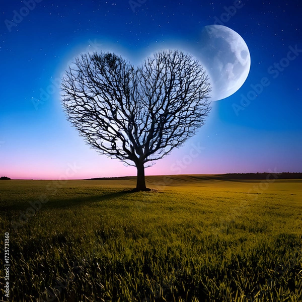 Fototapeta dead heart shaped tree in the middle of a field with night moon, cute and dreamy, feminine, romance, Valentines day concept