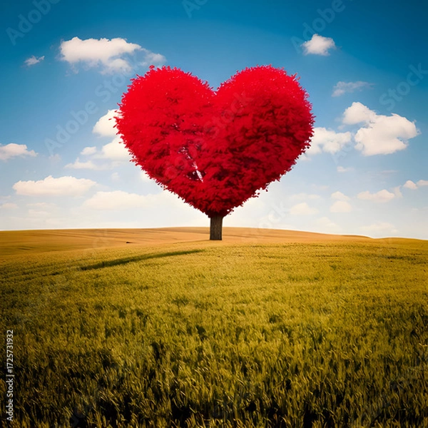 Fototapeta  dead red heart shaped tree in the middle of a field, cute and dreamy, feminine, romance, Valentines day concept.