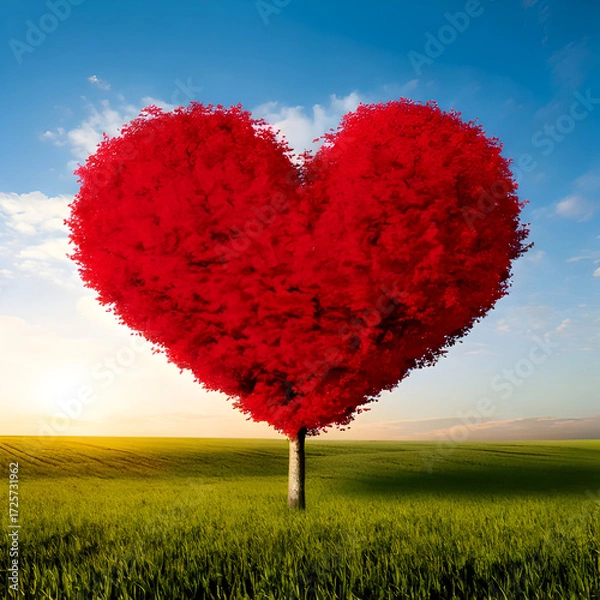 Fototapeta  dead red heart shaped tree in the middle of a field, cute and dreamy, feminine, romance, Valentines day concept.