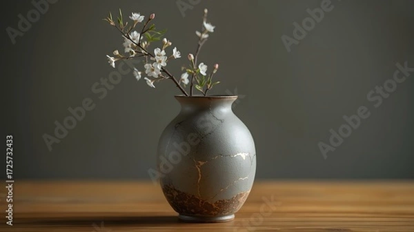 Fototapeta Pastel Kintsugi vessel, ethereal glow, silk flower adding serene elegance.