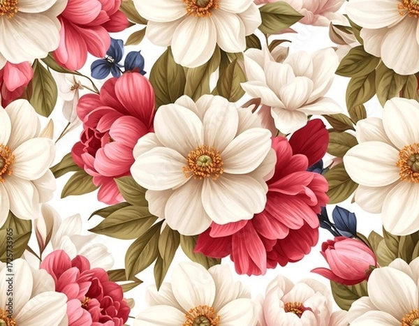 Fototapeta A vibrant floral pattern with bouquets of detailed blossoms in various shades of pink, red, and white, set against a plain white background