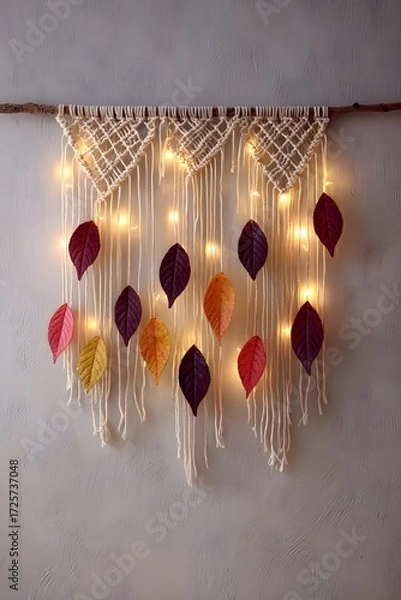 Fototapeta Colorful Leaf Wall Hanging Decor with String Lights and Macramé Design