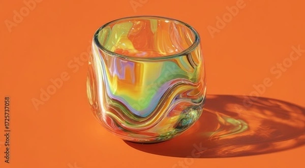 Fototapeta Colorful glass cup displays vibrant patterns against an orange backdrop in bright sunlight