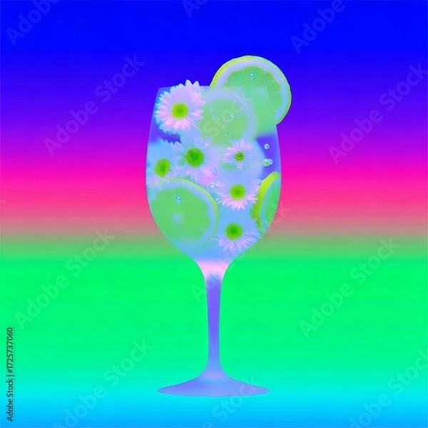 Fototapeta Colorful drink with flowers and fruit in a glass against a vibrant background