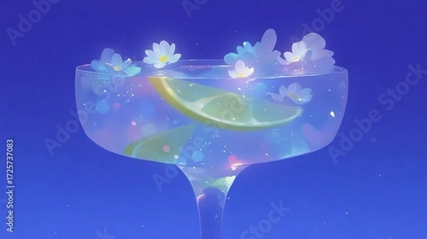 Fototapeta Colorful sparkling drink with flowers and lime slices in a clear glass against a blue background
