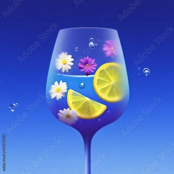 Fototapeta Refreshing summer drink features flowers and lemon slices in a vibrant blue glass