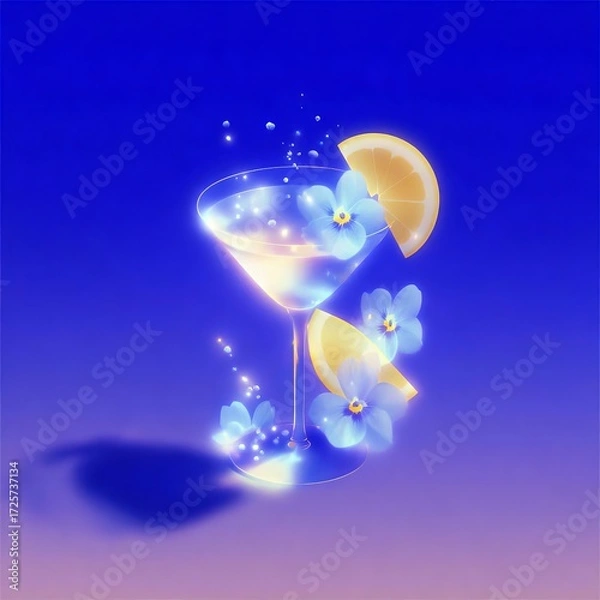 Fototapeta Colorful cocktail with flowers and lemon slices set against a bright blue background during a summer evening