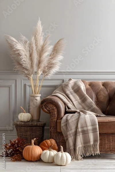 Fototapeta Cozy Autumn Living Room Decor with Neutral Tones and Decorative Pumpkins
