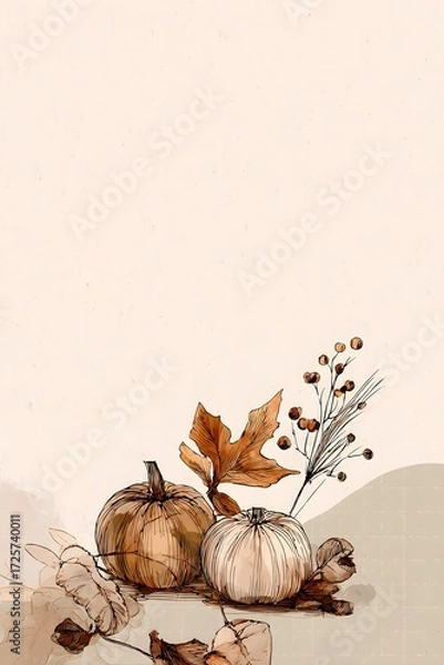 Fototapeta Elegant Autumn Still Life with Pumpkins and Natural Elements on Neutral Background