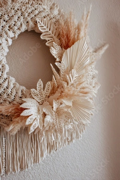 Fototapeta Elegant Boho Macrame Wreath with Dried Flowers and Textured Fringe Design