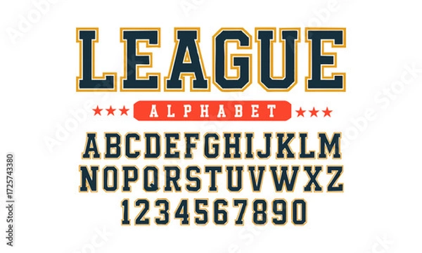 Fototapeta LEAGUE Varsity Alphabet, Block Outline Athletic Font Set (A–Z, 0–9), Vintage sport font in American style for football, baseball, or basketball logos and t-shirts, easily editable.