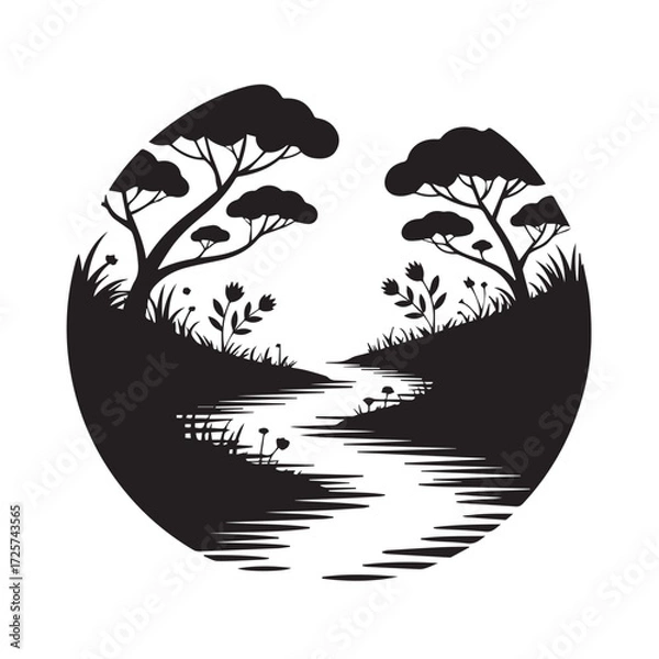 Fototapeta Circular silhouette of an african savanna landscape with acacia trees, a winding river, and grass, isolated on white background technology background