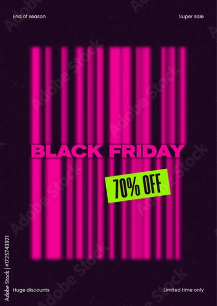 Fototapeta Black Friday Sale Poster Background. Vector Glowing Neon Discount Offer Template with Pink Holographic Text and Sticker. Digital Shopping Deal Promotion Design Layout for Advertising and Social Media
