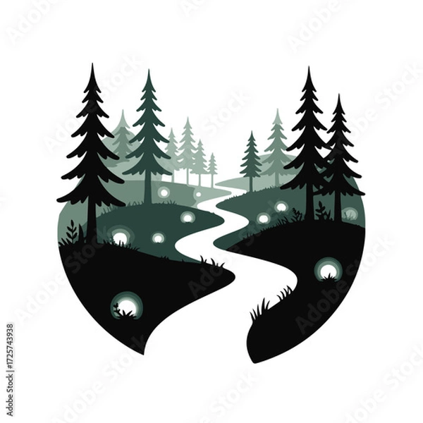 Fototapeta Enchanting forest path with glowing orbs and silhouetted pine trees, creating a magical and mysterious atmosphere in a heart shape technology background