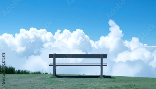 Obraz Empty bench atop a hill, clouds fill the sky